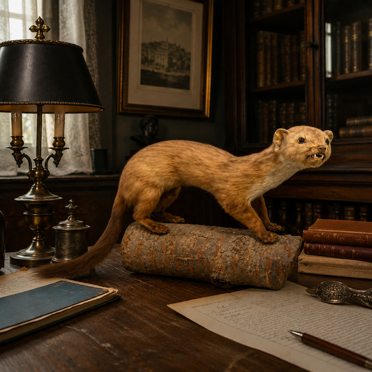 Taxidermy animal on a wooden desk with books and a lamp in a room setting
