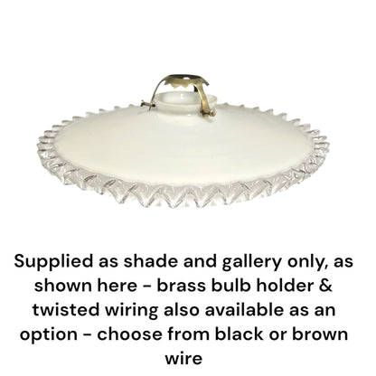 Vintage French Opaline Milk Glass Pendant Pie Crust Lampshade with Brass Collar