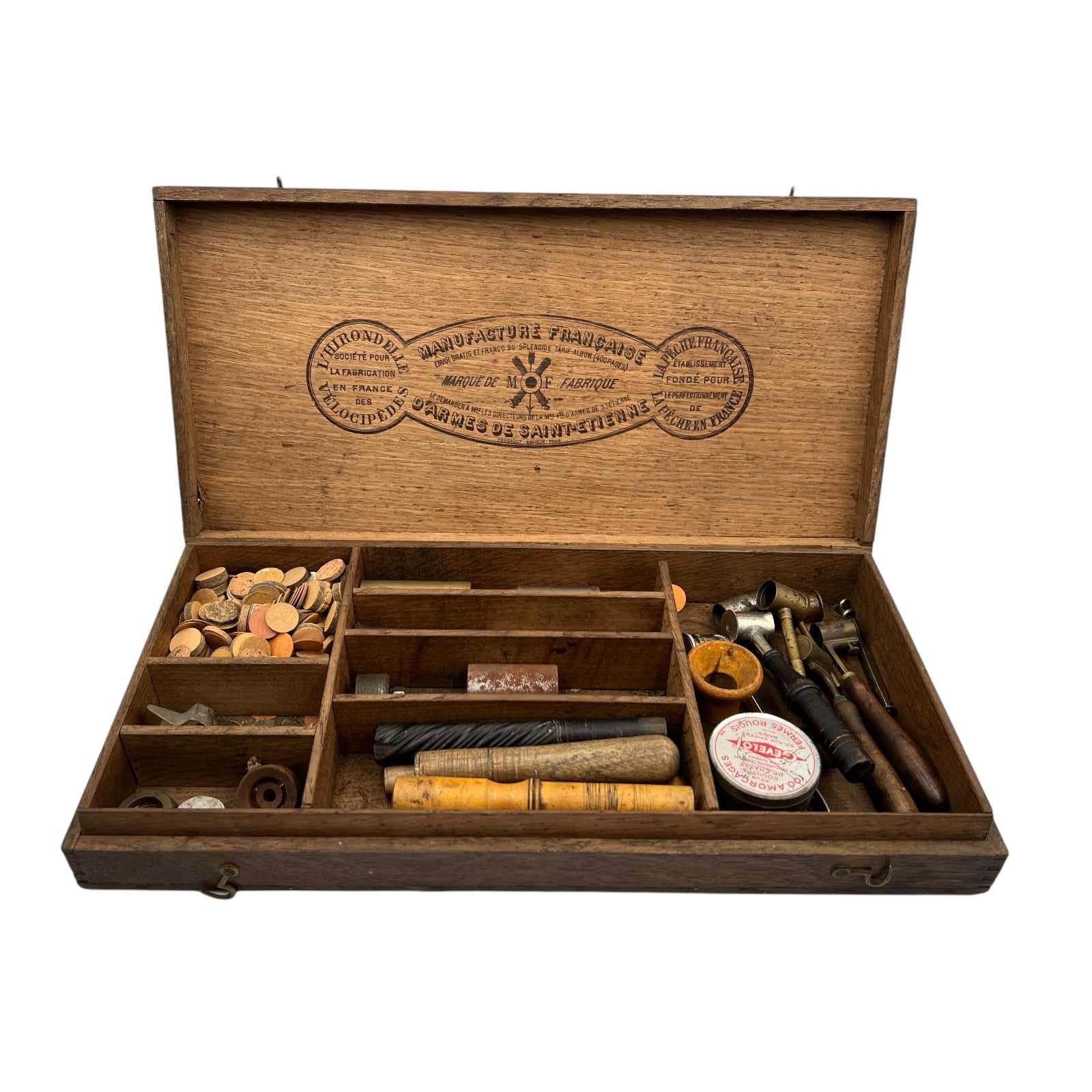 French vintage reloading collection in  original wooden box with makers marks