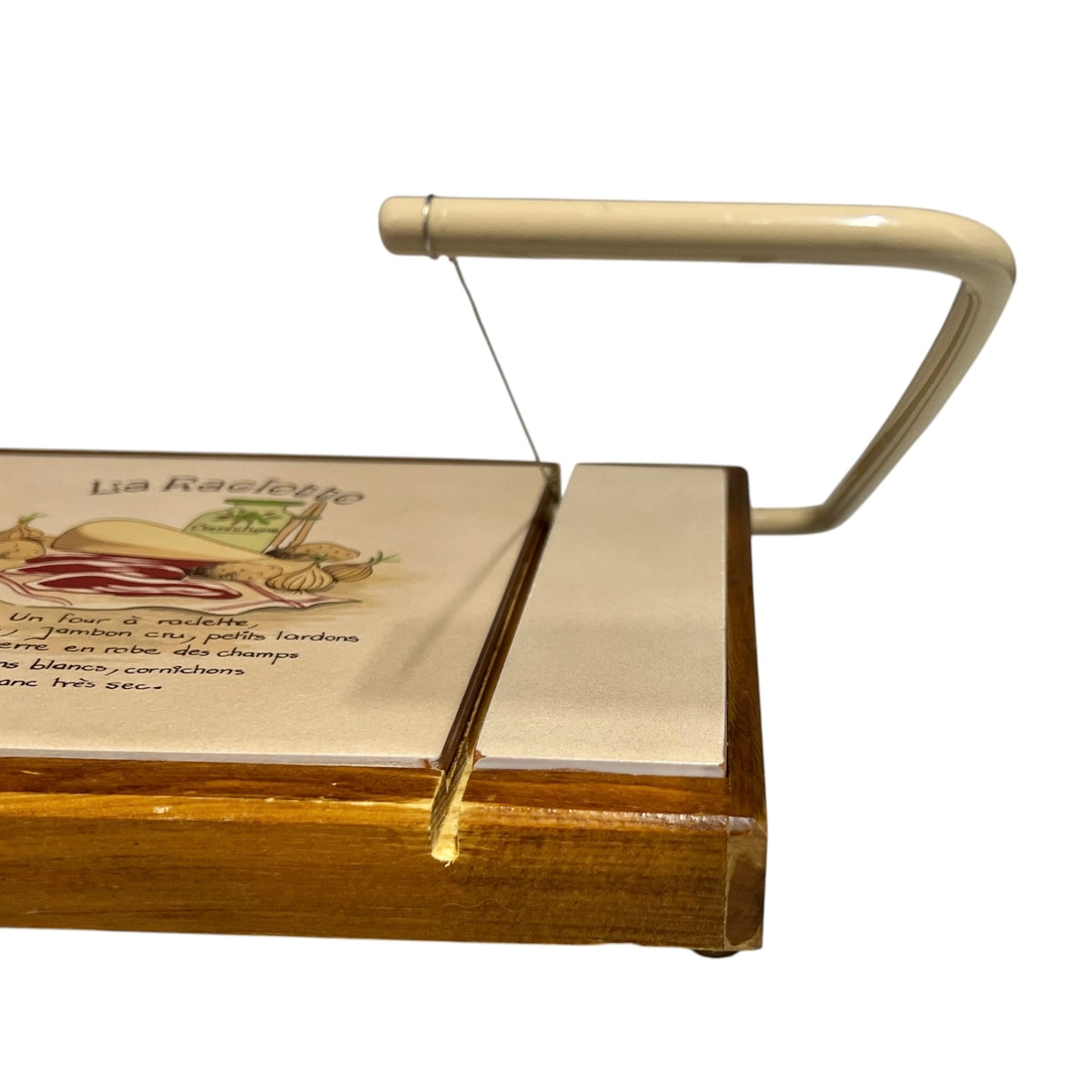 Vintage French La Raclette Tiled Cheese Board with Cheese Wire | Wooden Serving Board