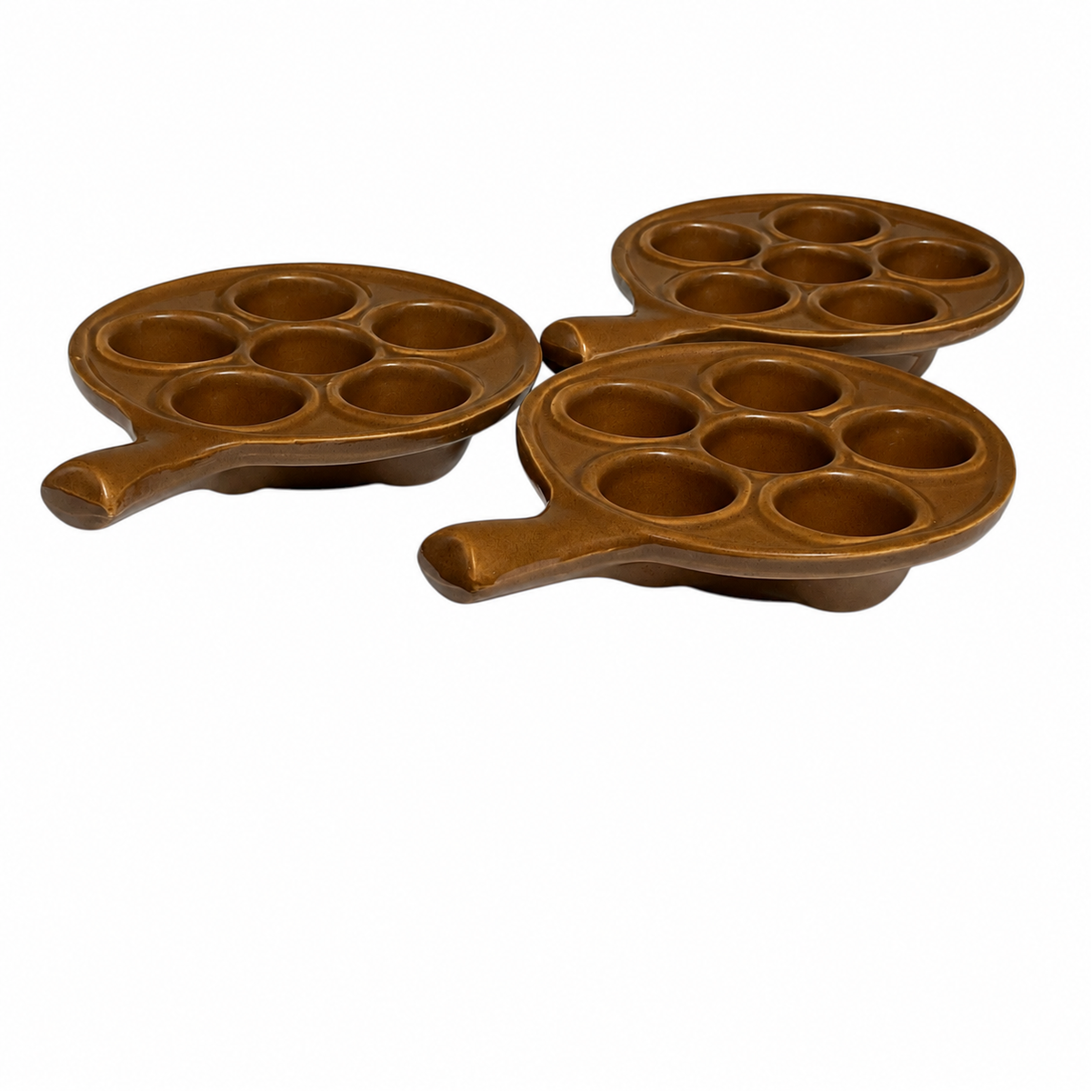 Three vintage French brown glazed ceramic escargot dishes, each featuring six individual snail compartments and a short integrated handle, arranged on a white background. Each dish measures 14 cm in diameter and 19.5 cm including the handle.