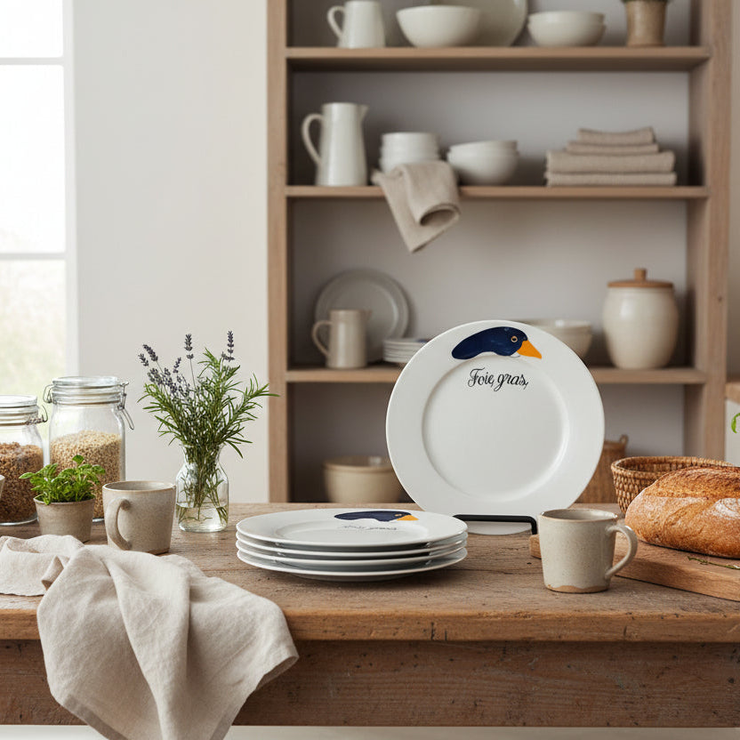 Dishes with a duck design on a wooden table in a kitchen setting