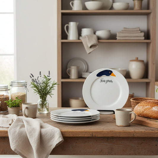 Dishes with a duck design on a wooden table in a kitchen setting