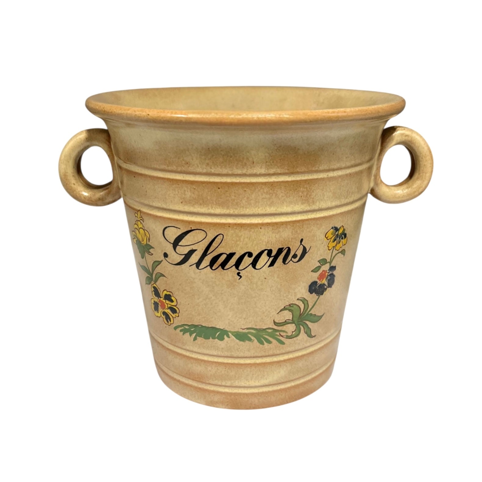 Ceramic ice bucket with 'Glaçons' text and floral designs on a white background