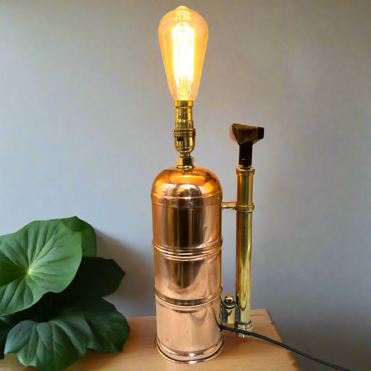 Vintage-style copper and brass lamp with a lit bulb on a wooden surface next to a leafy plant.
