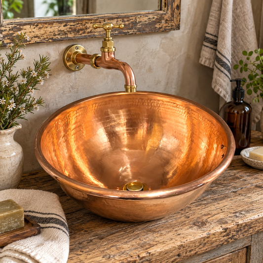 A hammered copper vessel sink with a brass faucet mounted on a rustic wooden bathroom counter, surrounded by soap, towels, and greenery.