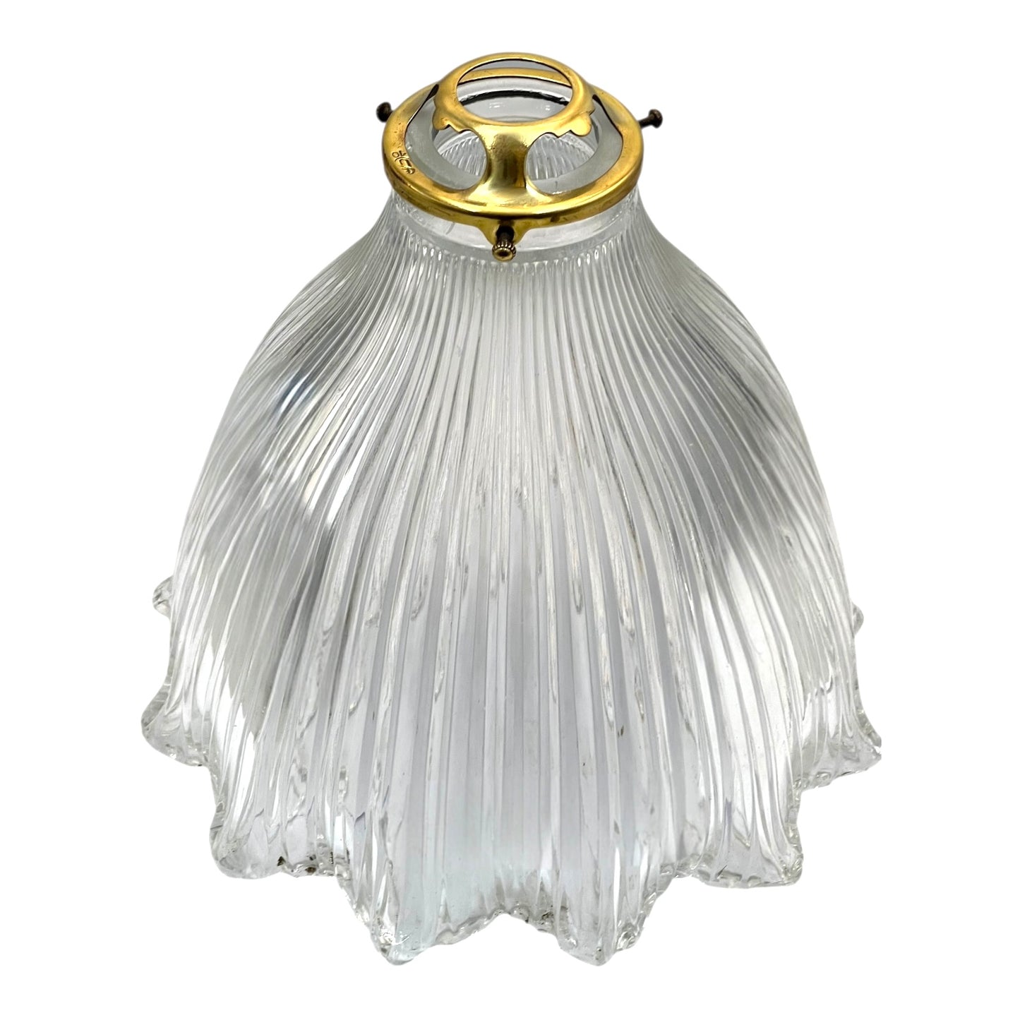 Clear ribbed glass pendant light with gold fixture on a white background