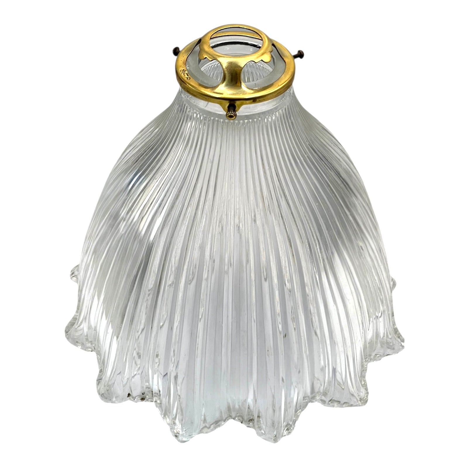 Clear ribbed glass pendant light with gold fixture on a white background