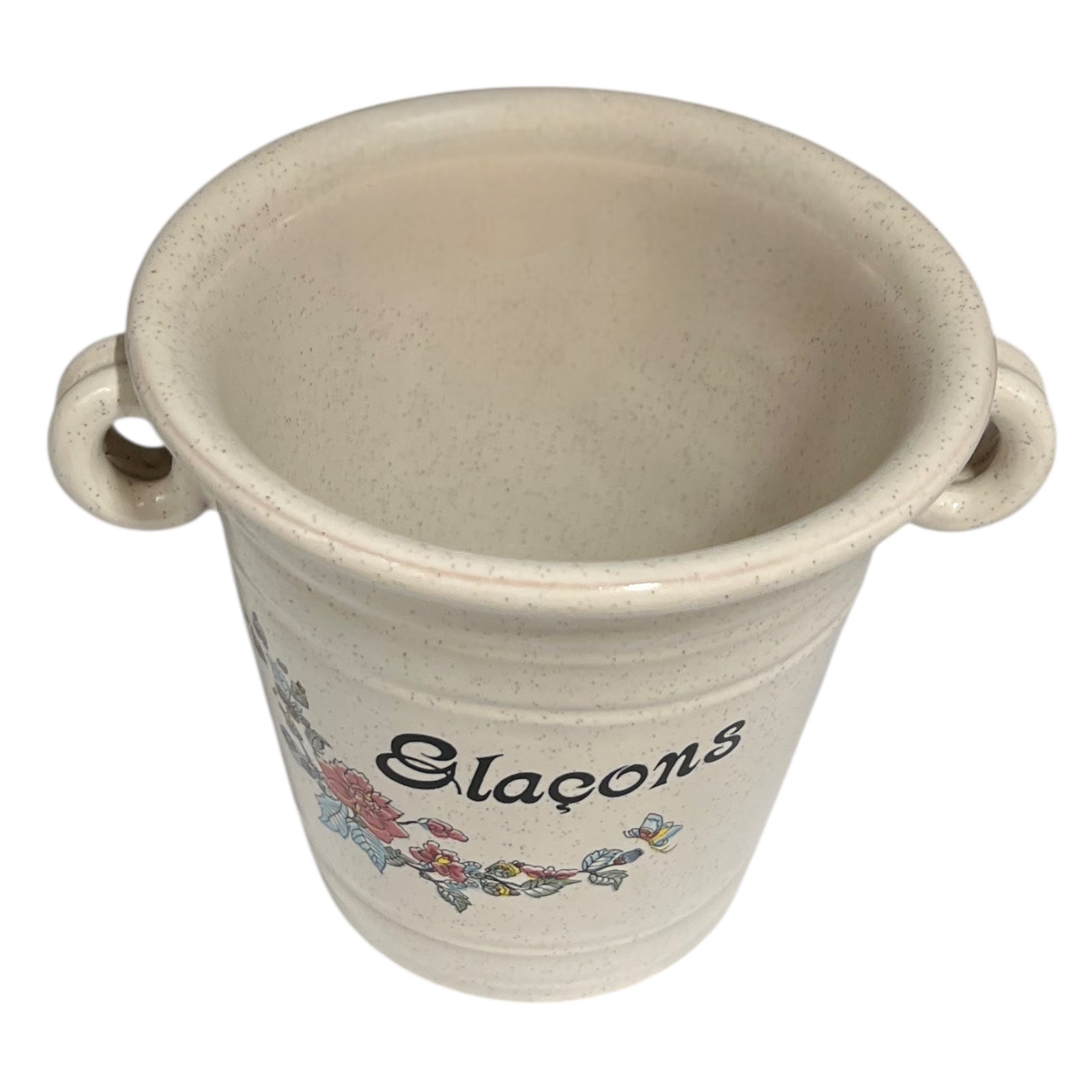 Ceramic ice bucket with floral design and 'Glaçons' text on a white background