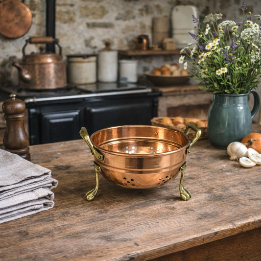 Copper colander on a wooden table with kitchen items in the background