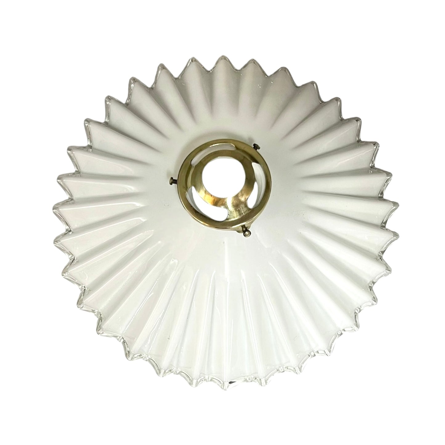 White scalloped-edge glass lampshade with brass fitting on a white background, for a period living room styling or vintage home decor 