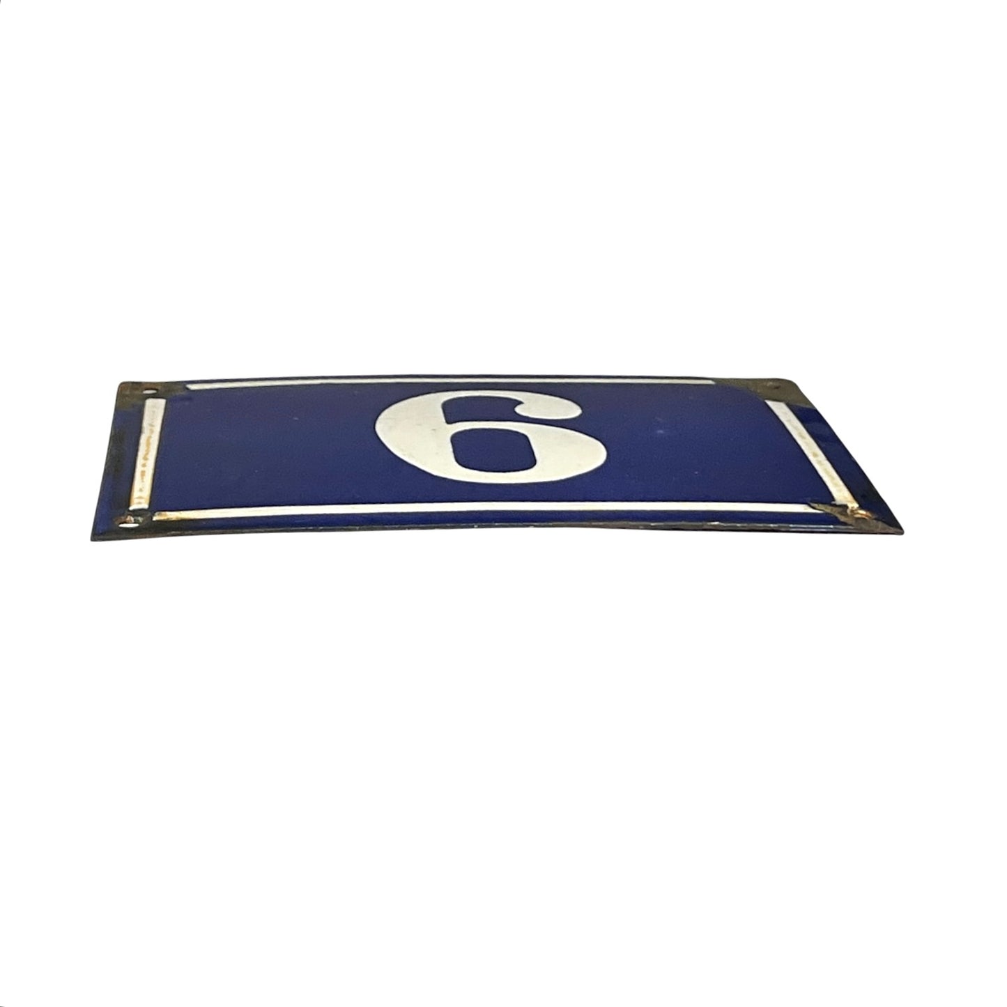 A rectangular blue sign with a large white number 6 in the center, bordered by a thin white line and metal mounting corners, shown on a plain white background.