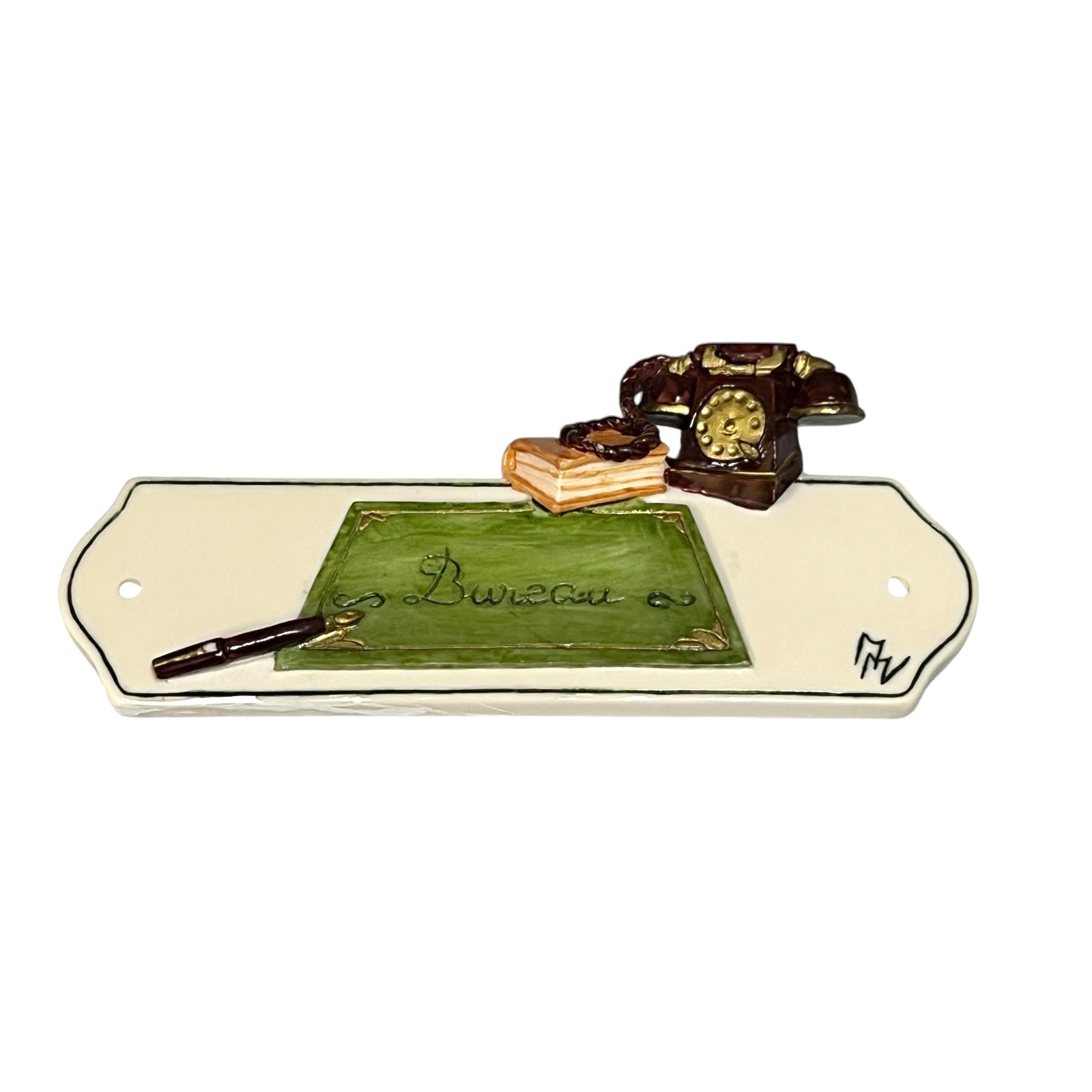 Decorative novelty door sign for an office labelled in French as Bureau, with a telephone, book and pan decoration on a white background