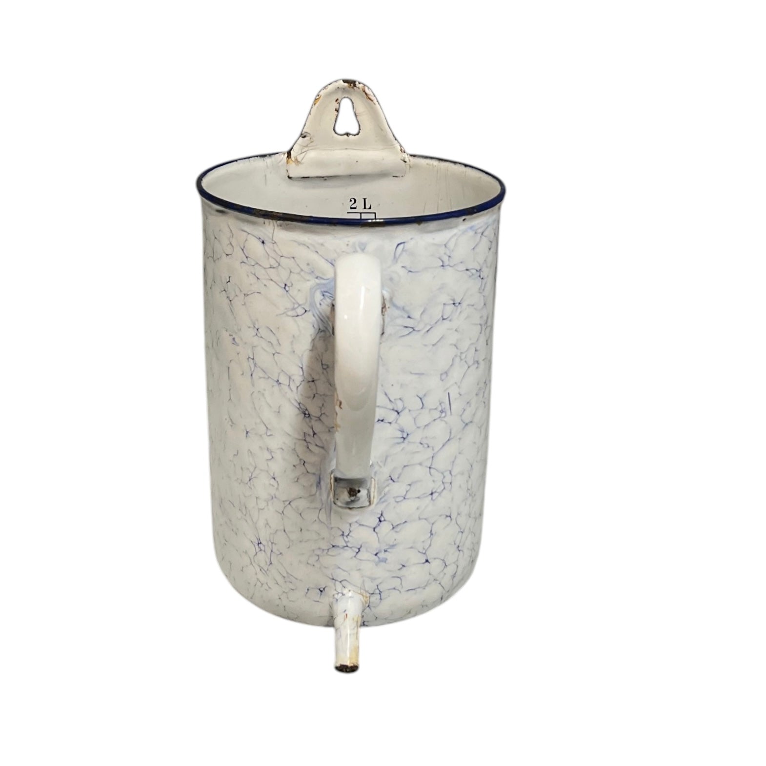 French enamel vintage garden wall mounted planter or kitchen bathroom storage pot, ideal for a rustic country cottage on a white background 
