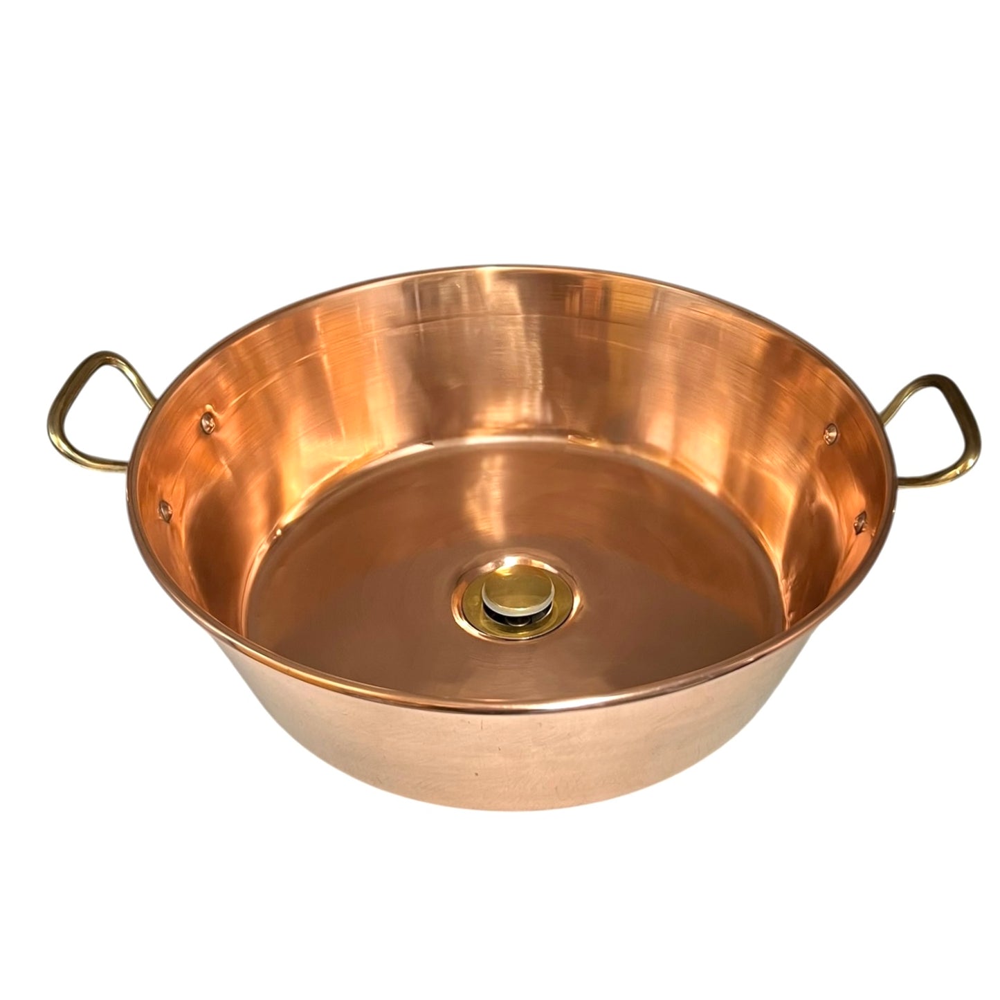 Copper up cycled sink basin with brass handles and a brass pop up waste, ideal for a rustic bathroom or camper van, set on a white background