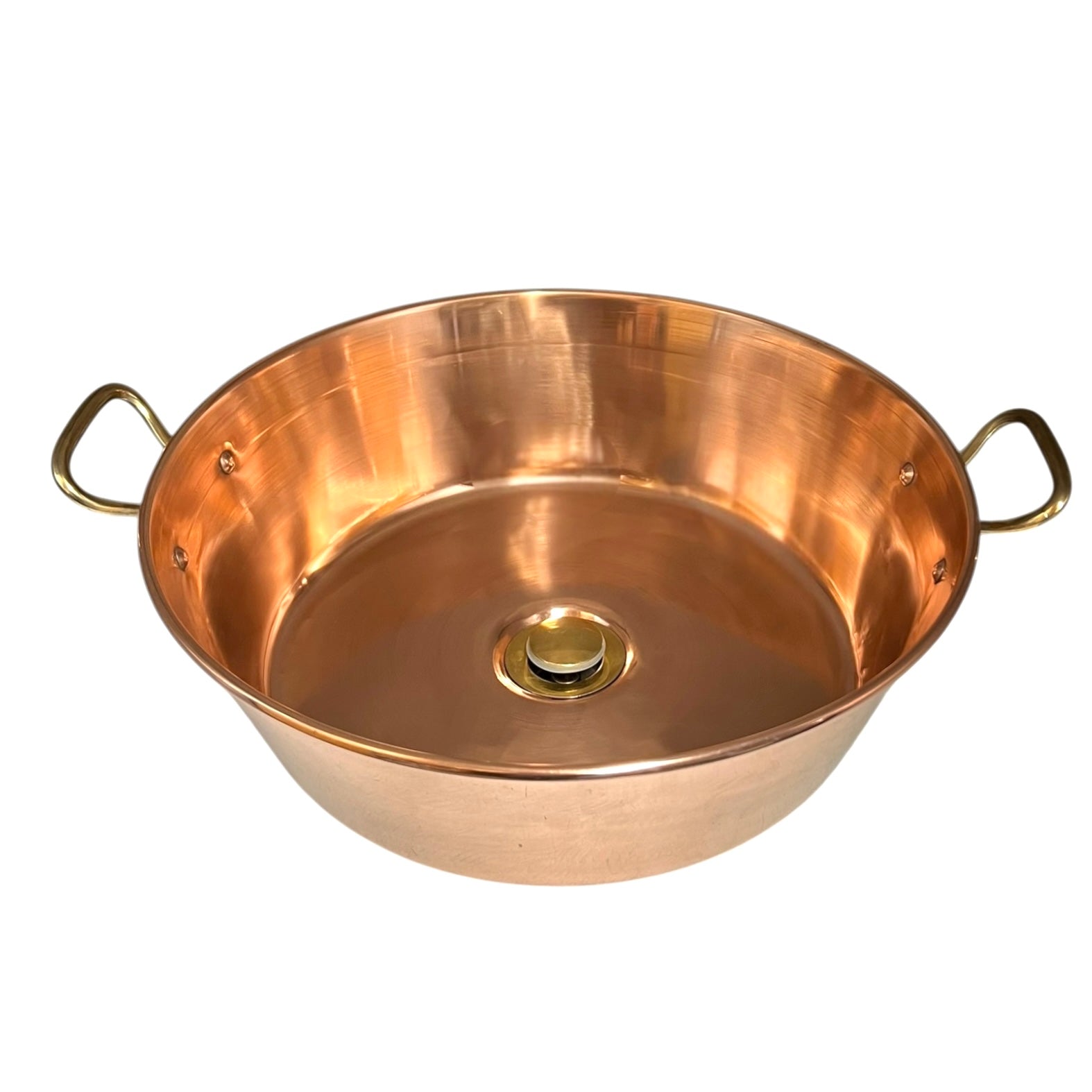 Copper up cycled sink basin with brass handles and a brass pop up waste, ideal for a rustic bathroom or camper van, set on a white background