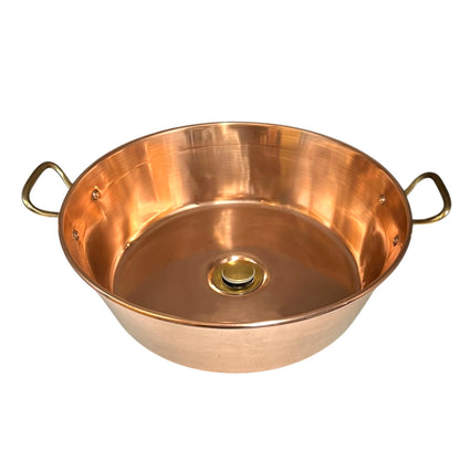 Copper up cycled sink basin with brass handles and a brass pop up waste, ideal for a rustic bathroom or camper van, set on a white background