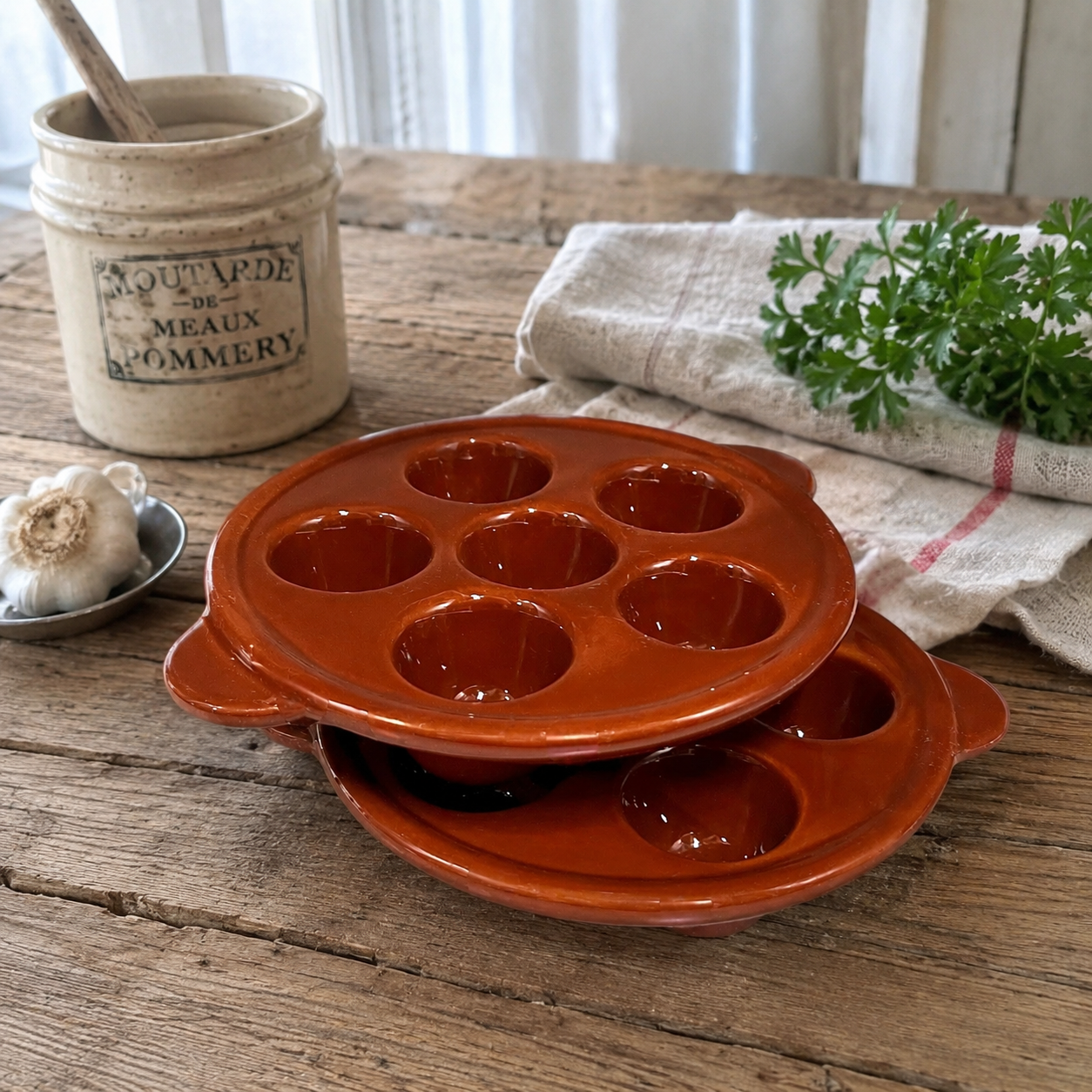 Two round terracotta-colored ceramic egg molds or snail dishes stacked on a rustic wooden table, with a linen jar, garlic, parsley, and a cloth in the background.