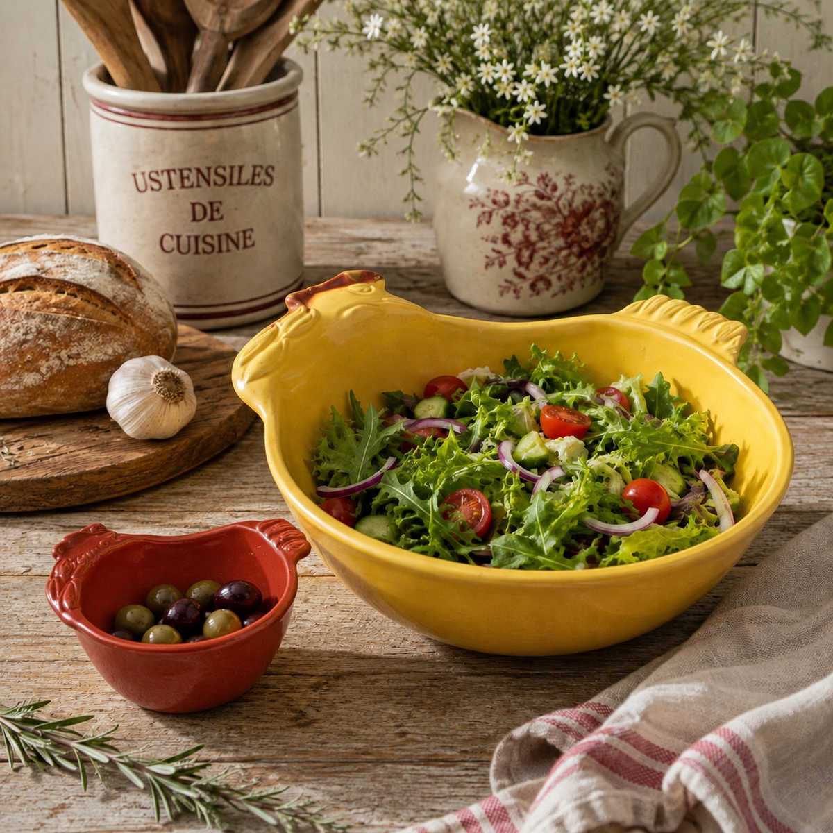 A yellow ceramic salad bowl filled with greens, tomatoes, cucumbers, and red onion, styled on a rustic wooden table with a small red bowl of olives, a loaf of bread, garlic, and floral ceramic containers in the background.