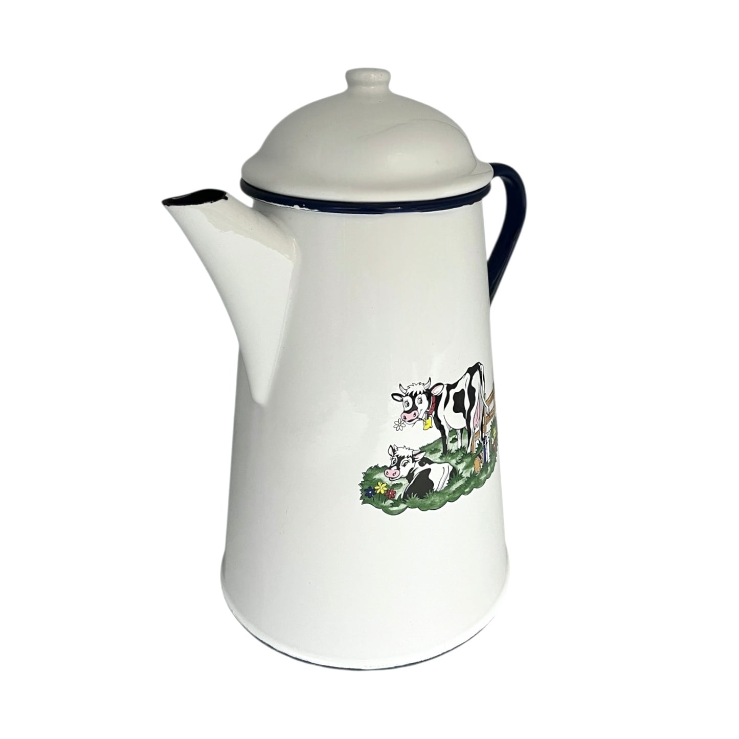 White enamel coffee pot with cow design on a white background