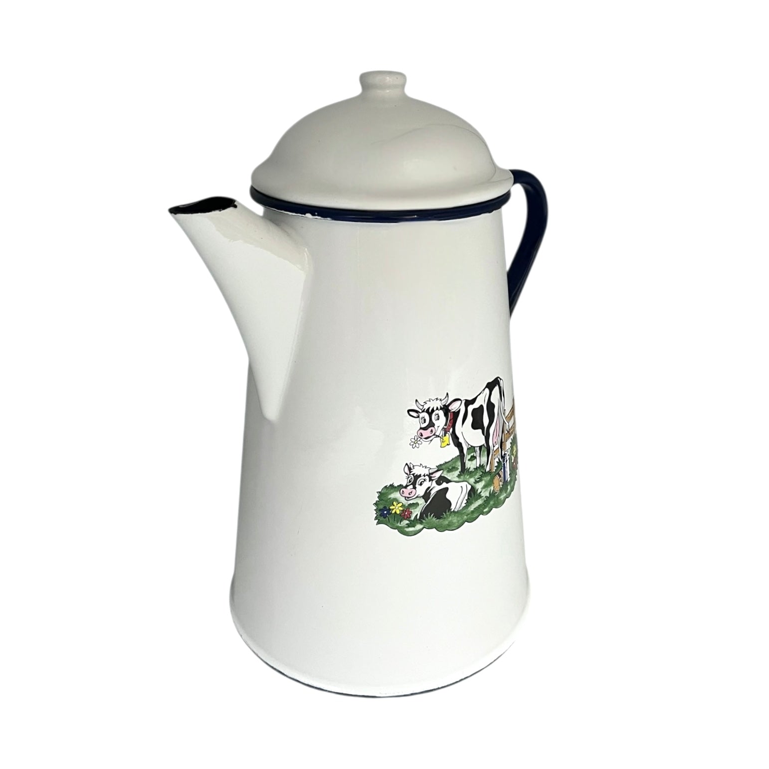 White enamel coffee pot with cow design on a white background
