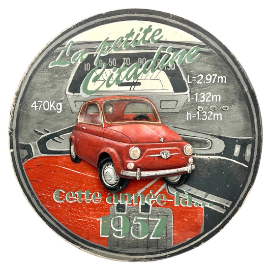 French Country Corner wooden picture depicting  vintage Fiat 500 with French text on a white background