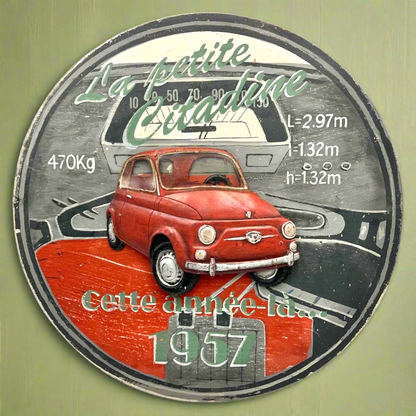 French Country Corner wooden picture depicting  vintage Fiat 500 with French text on a pale green background