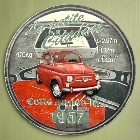 French Country Corner wooden picture depicting  vintage Fiat 500 with French text on a pale green background