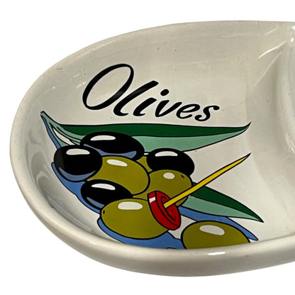 Ceramic dish with olive design and 'Olives' text on a white background
