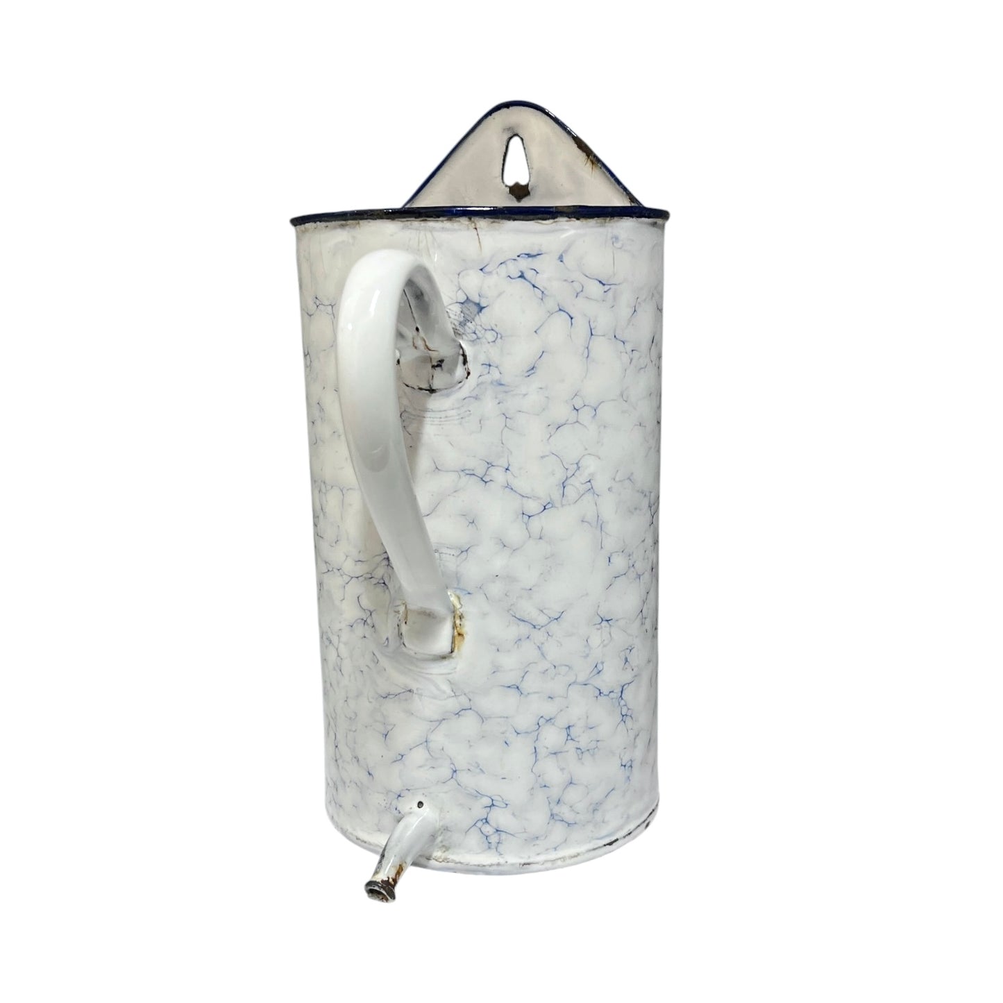A vintage enamel flat back planter pot with a white and blue pattern, a white handle, a hanging loop at the top, and a small spout at the bottom, shown against a plain white background.