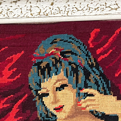 close up of a French vintage tapestry on a white background