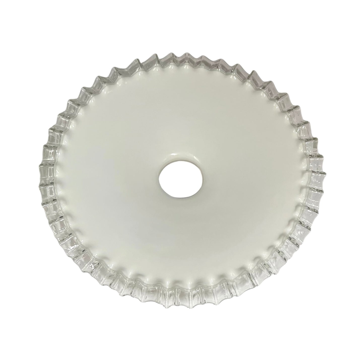 A circular white glass shade or bowl with a scalloped, fluted rim and a central hole, shown against a plain white background.
