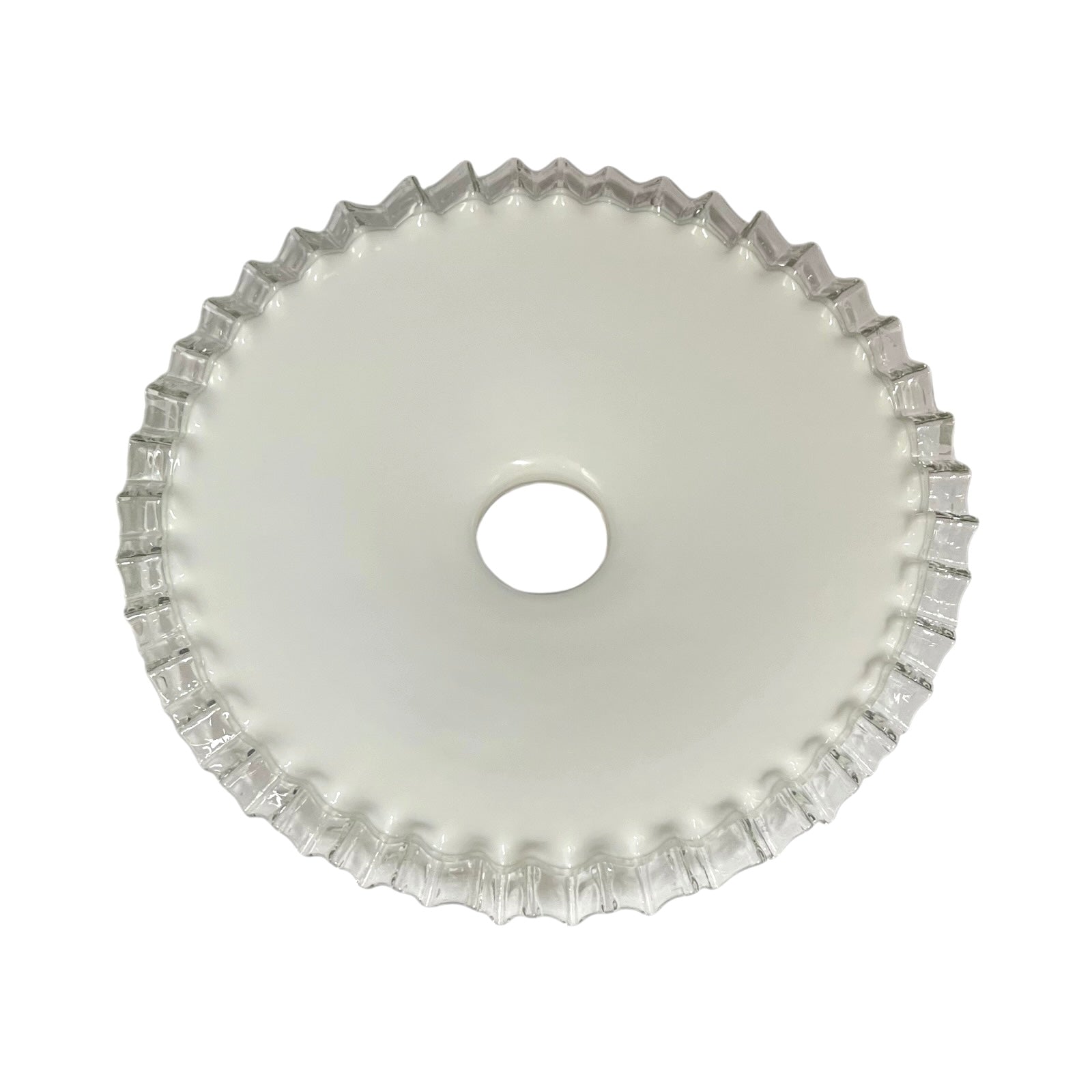 A circular white glass shade or bowl with a scalloped, fluted rim and a central hole, shown against a plain white background.
