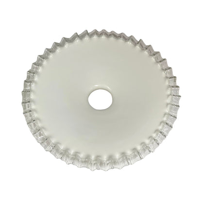A circular white glass shade or bowl with a scalloped, fluted rim and a central hole, shown against a plain white background.