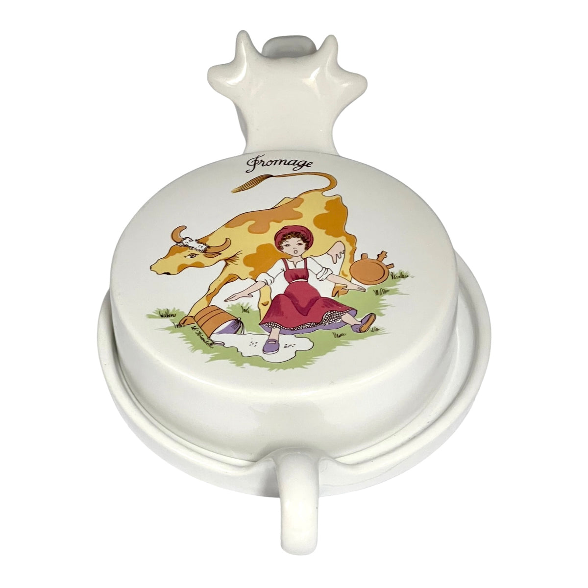 Vintage French L'Hirondelle porcelain cheese dish with cow-shaped white base and illustrated Fromage lid, traditional French farmhouse cheese server - top view