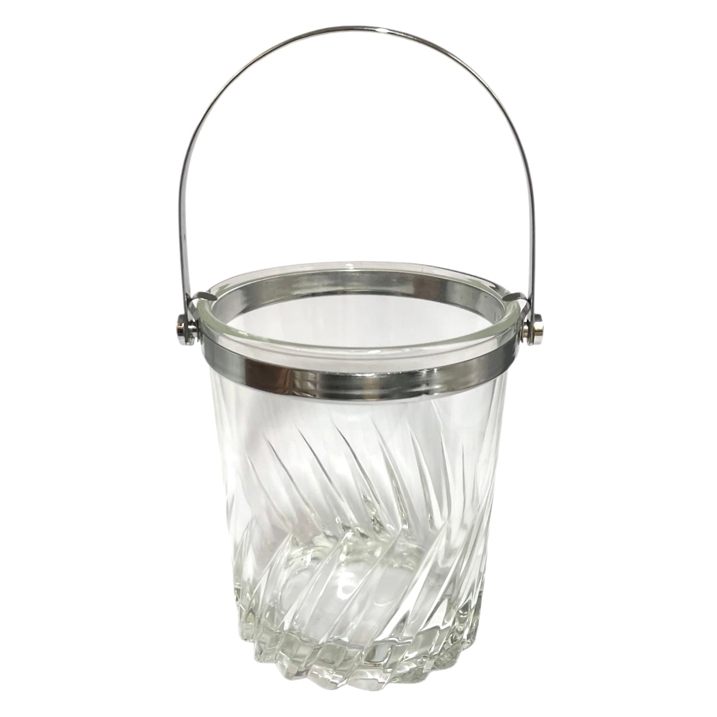 Clear glass ice bucket with silver metal handle on a white background