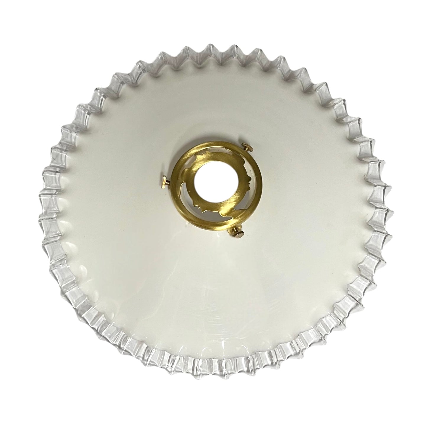 Vintage French Opaline Milk Glass Pendant Pie Crust Lampshade with Brass Collar