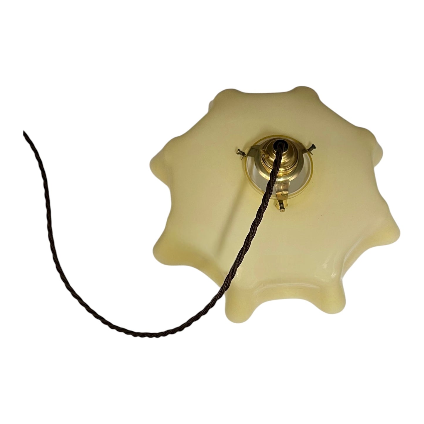 Vintage-style ceiling light fixture with dusk yellow glass shade on a white background 