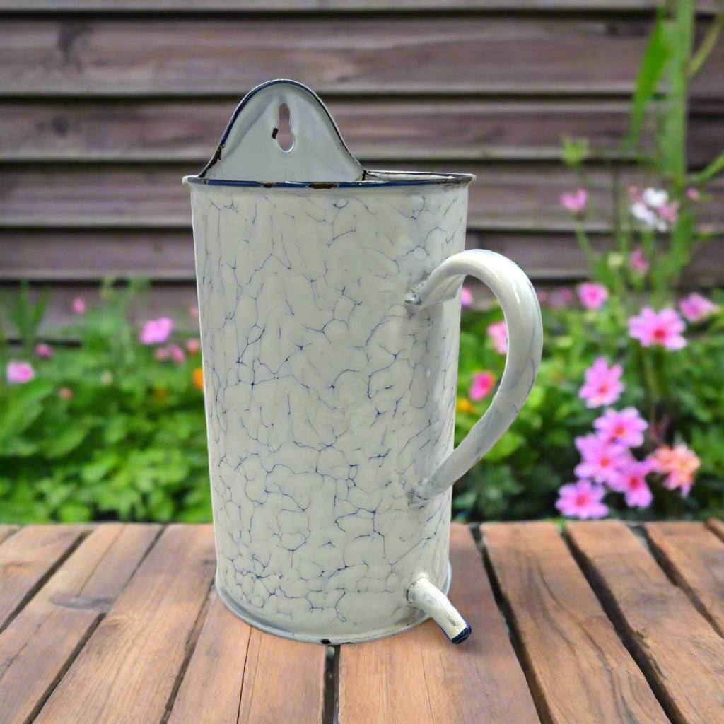 Vintage French Enamel Kitchen Jug, Garden Plant Pot, Shabby Chic Plante