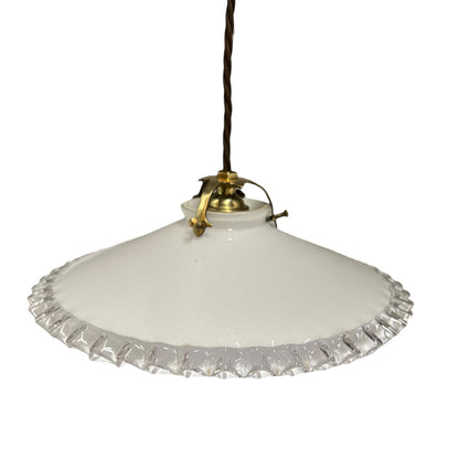 A vintage-style pendant light with a white glass shade featuring a ruffled clear glass trim along the bottom edge, suspended by a brass-colored metal fixture and a dark cord against a plain white background.