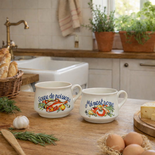 Two ceramic mugs with soup text and illustrations on a kitchen counter.