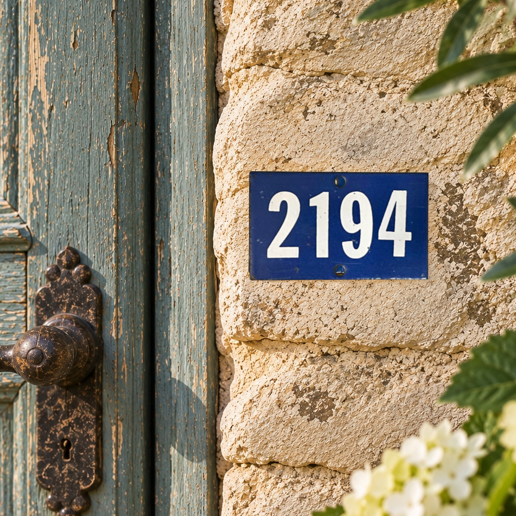 A blue house number plaque reading 2194 in white text, mounted on a textured beige stone wall next to a weathered teal wooden door with an ornate rusted metal handle.