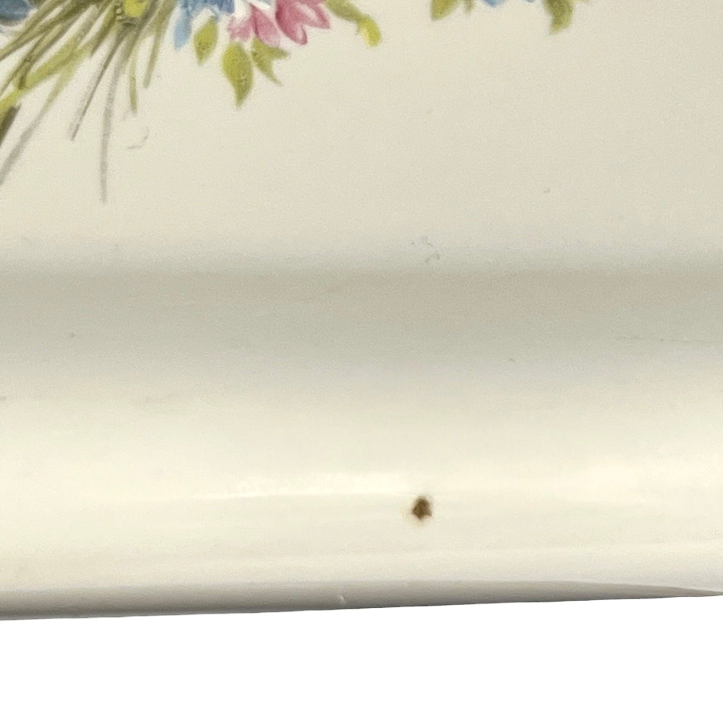 Close-up of a white ceramic surface with a small brown speckle near the bottom center and part of a floral print visible at the top edge.