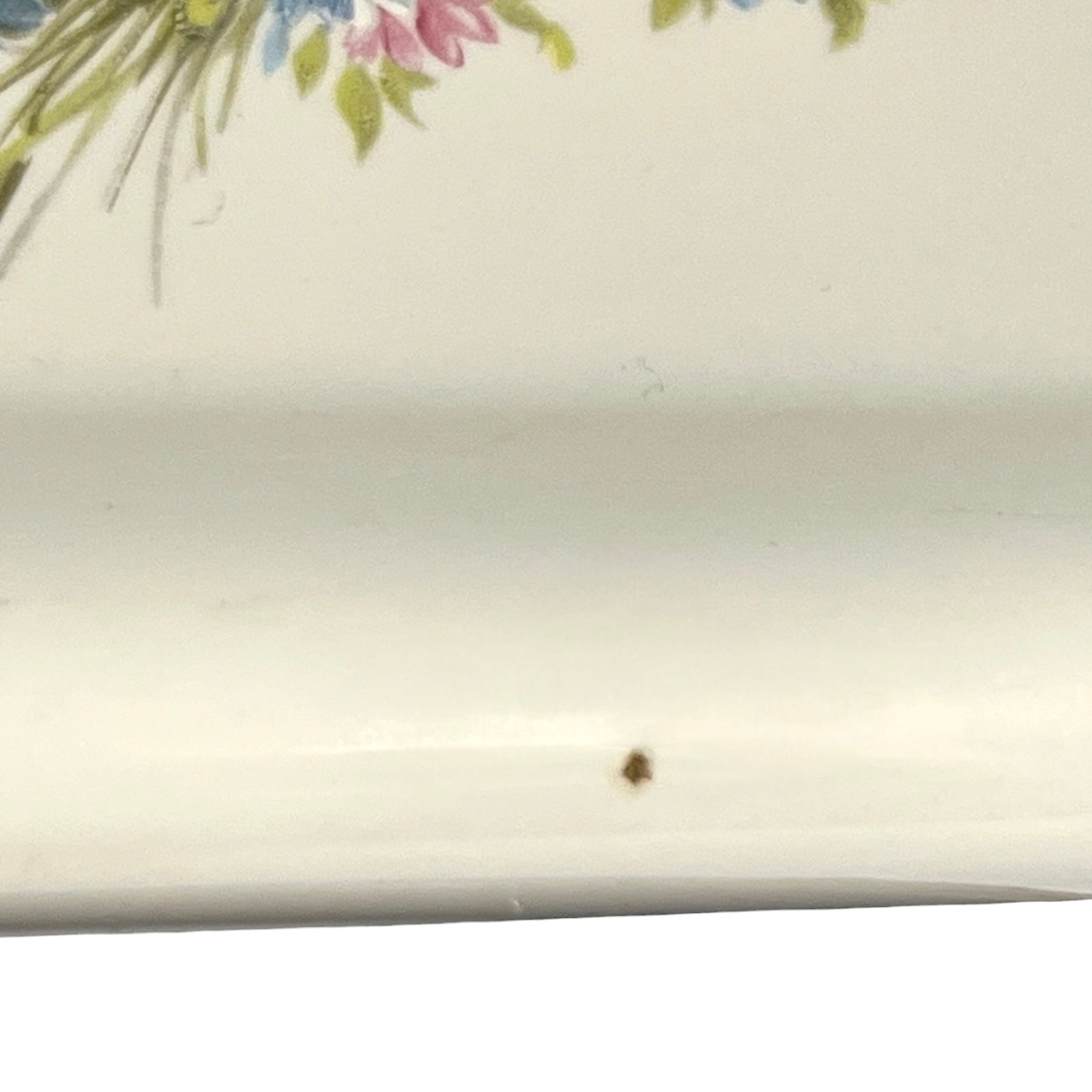 Close-up of a white ceramic surface with a small brown speckle near the bottom center and part of a floral print visible at the top edge.