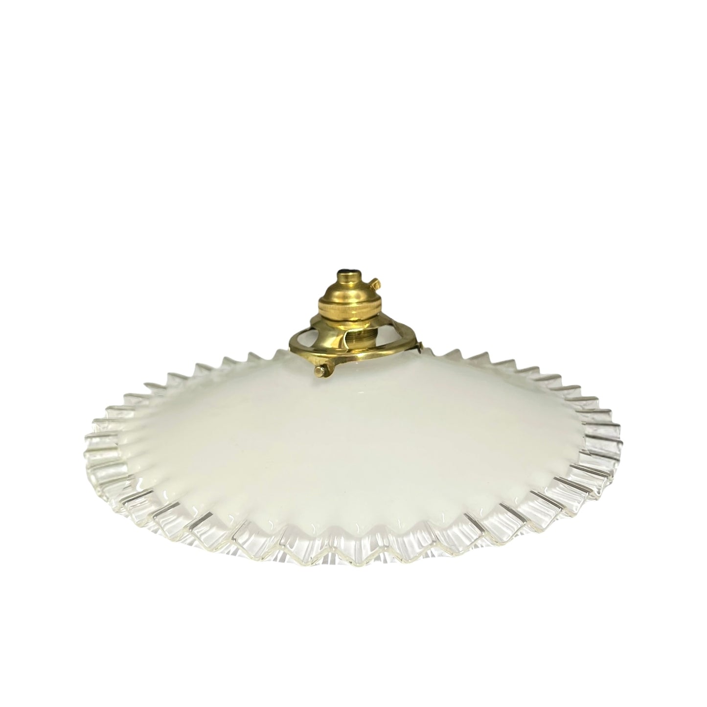 A vintage-style ceiling light fixture with a wide, flared white glass shade featuring a scalloped or fluted edge and a central brass metal mount.