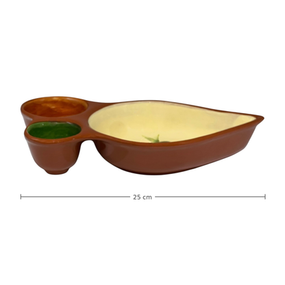 A brown ceramic divided serving dish with two small dipping cups and a large main compartment, shown on a white background with a 25 cm width measurement line below.