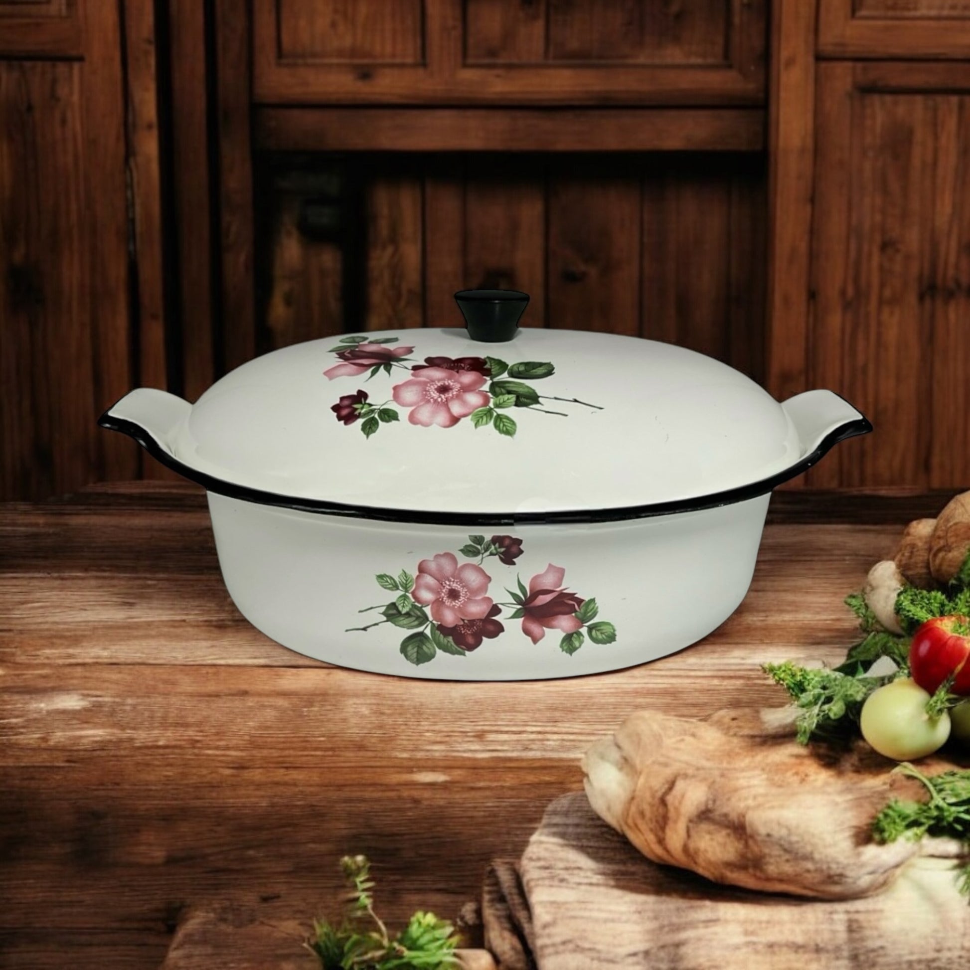 Vintage Enamel Casserole Pan, French Retro Pan, Farmhouse Chic Kitchenware for sale from All Things French Store