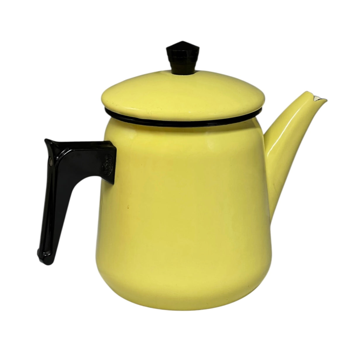 A vintage-style yellow enamel coffee pot with a black handle, black rim, and black lid knob, shown against a plain white background.