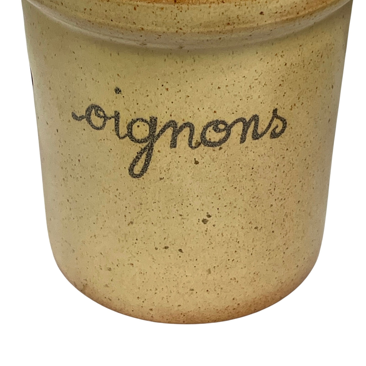 Close-up of a speckled beige ceramic pot with the word 'oignons' written in dark cursive script on the front, isolated on a white background.