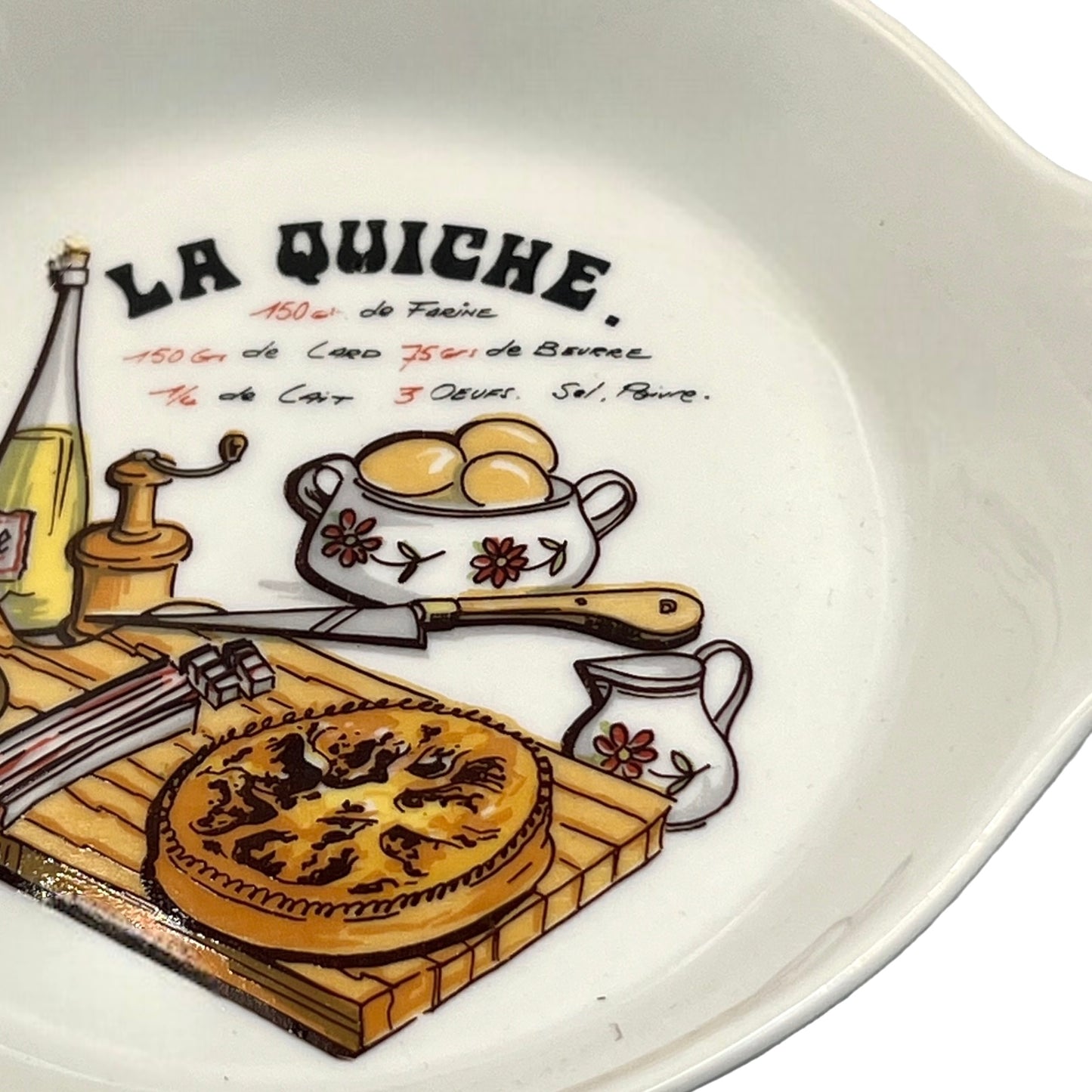 small French individual portion quiche dish with recipe in base